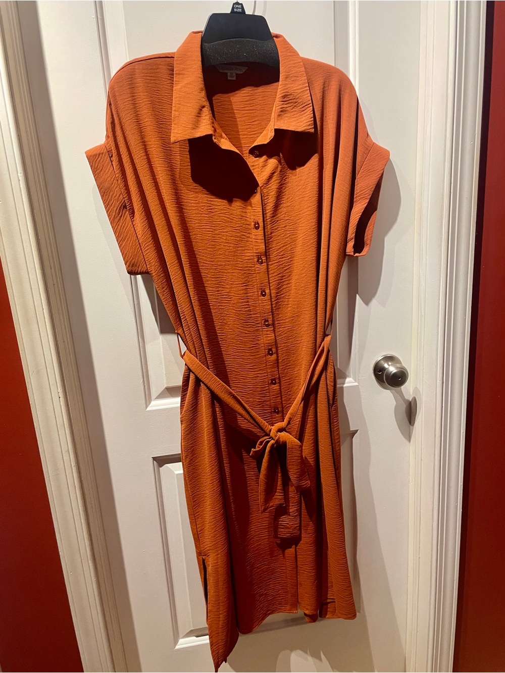 Button-Front Maxi Shirt Dress with Tie Waist in Rust